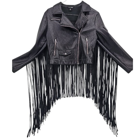Fashion Nova Black Faux Leather Long Fringe Jacket Moto Biker Boho Western - Picture 2 of 9